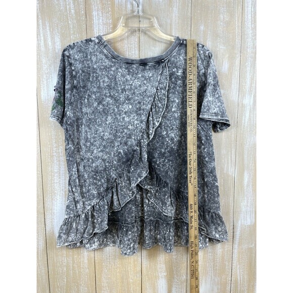 Aratta Silent Journey Women's Top L Gray Acid Wash Open Back Short Sleeve Ruffle - Picture 6 of 8